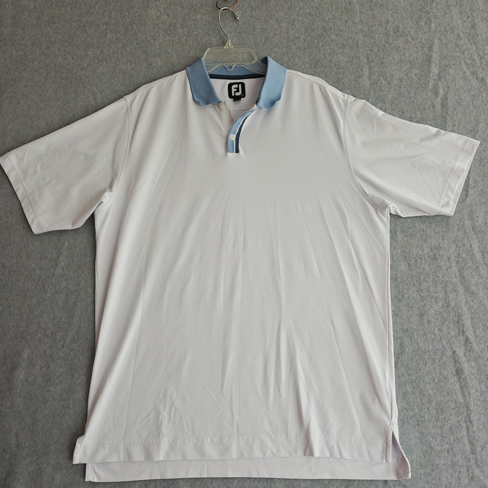 FootJoy Polo Shirt Mens L White Blue Golf Performance Stretch Short Sleeve Sport